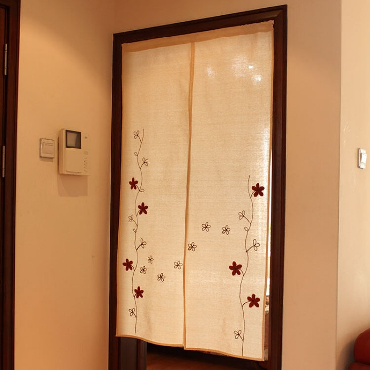 棉麻成品门帘 田园风对开式半帘拼接隔断帘 毛线绣 红色