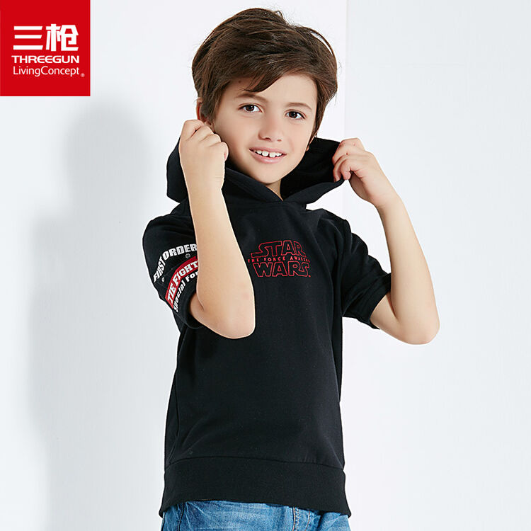 三枪童装 星球大战系列 毛圈布男童儿童连帽短袖卫衣 黑 140