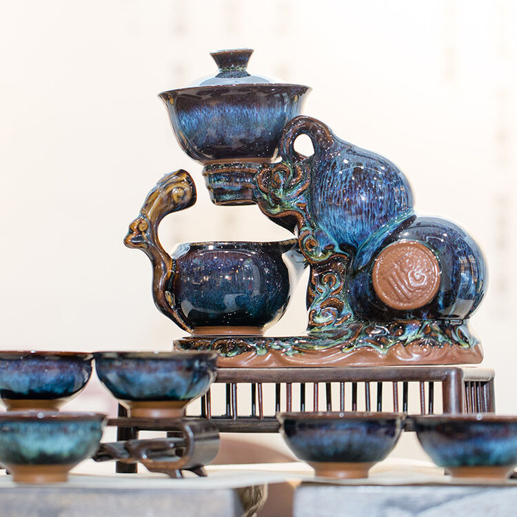 非遗传承【华韵礼遇】卢氏茶具 界首彩陶自动宝葫芦瓶9件套装