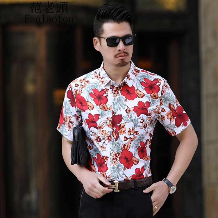 范老头春夏季新款花衬衫男短袖休闲薄款碎花衬衣男士加肥加大码棉半袖
