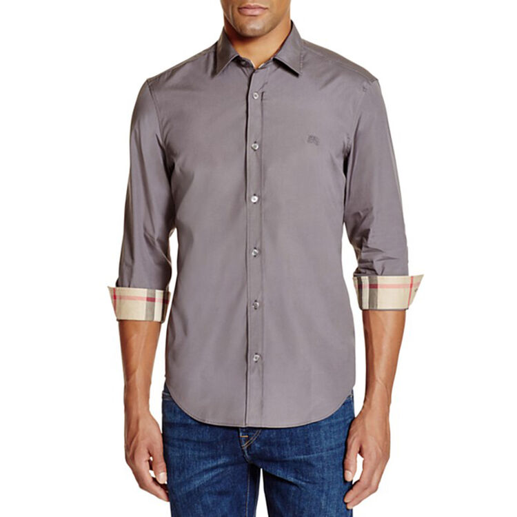 burberry brit/巴宝莉 男士纯色翻领长袖 棉质长袖衬衫 stone grey