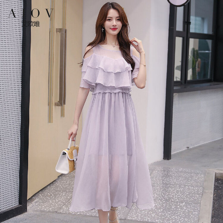 艾欧唯aiov 韩版露肩长裙短袖修身优雅气质雪纺连衣裙 紫色 xl