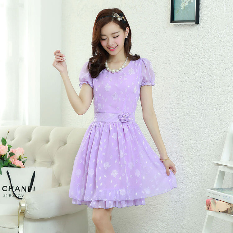 实拍2014夏季新款女装韩版简约气质优雅天丝连衣裙浅紫色l