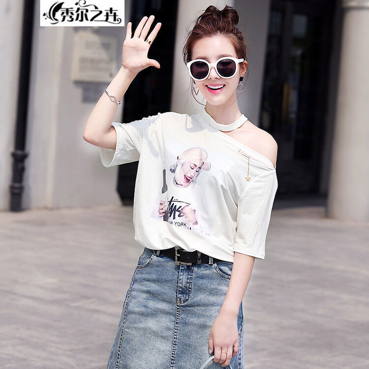 秀姿卉露肩短袖t恤女夏装新款时尚套头挂脖领印花宽松休闲体恤衫上衣