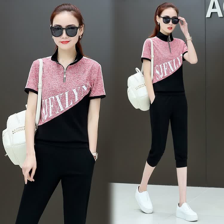 欧思纤 短袖t恤女运动服套装女夏装2018新品棉麻夏天女装两件套夏季