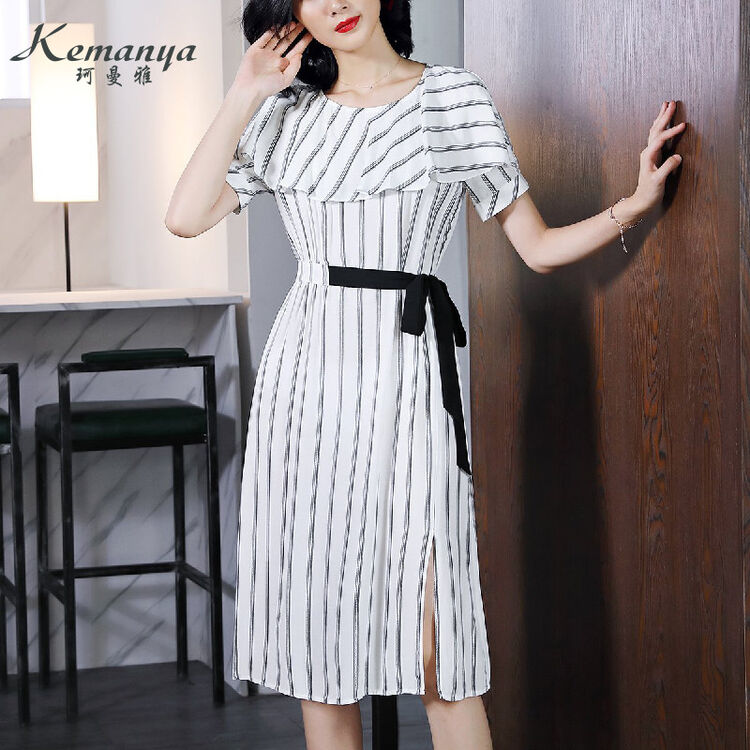 2018年珂曼雅新品 优雅通勤气质大方竖条纹收腰显瘦连衣裙 白色 m