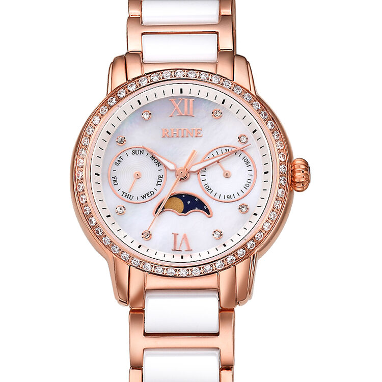莱茵(rhine)手表 女士时尚陶瓷多功能月相贝母设计女士石英手表 女表