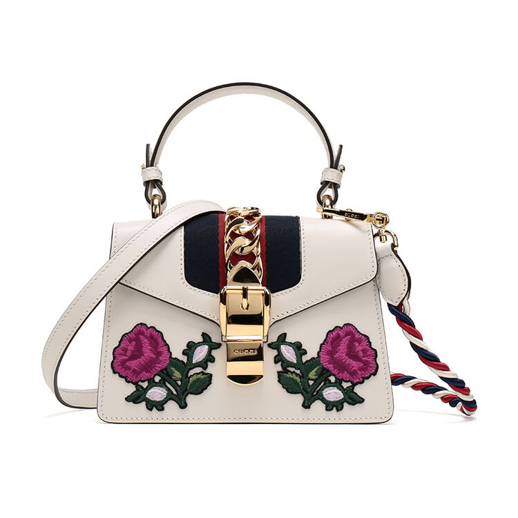 gucci 古驰 女士sylvie系列白色皮革饰花朵贴花刺绣单肩斜挎包 470270