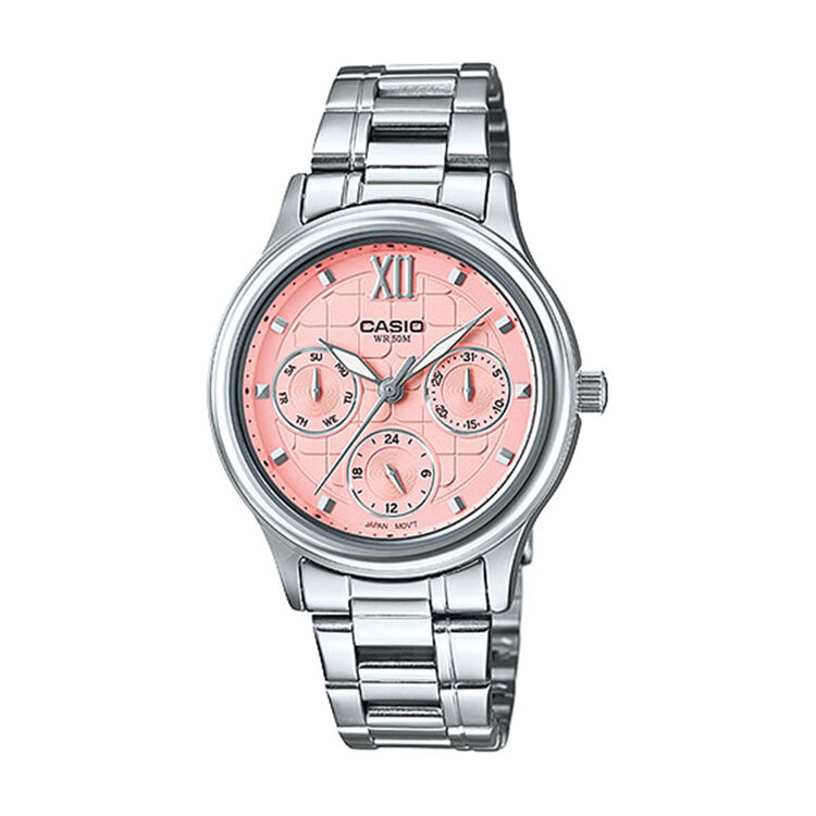 卡西欧(casio)手表女 指针系列时尚优雅石英女表 商务三眼休闲钢带