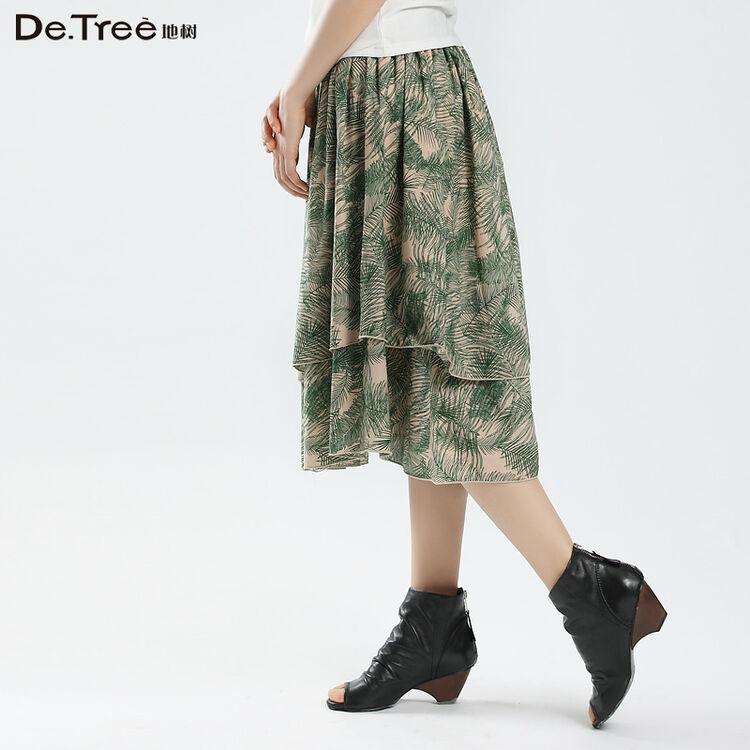 detree地树 夏装新女树叶图案松紧百褶半身裙韩版文艺长裙2421104 暗