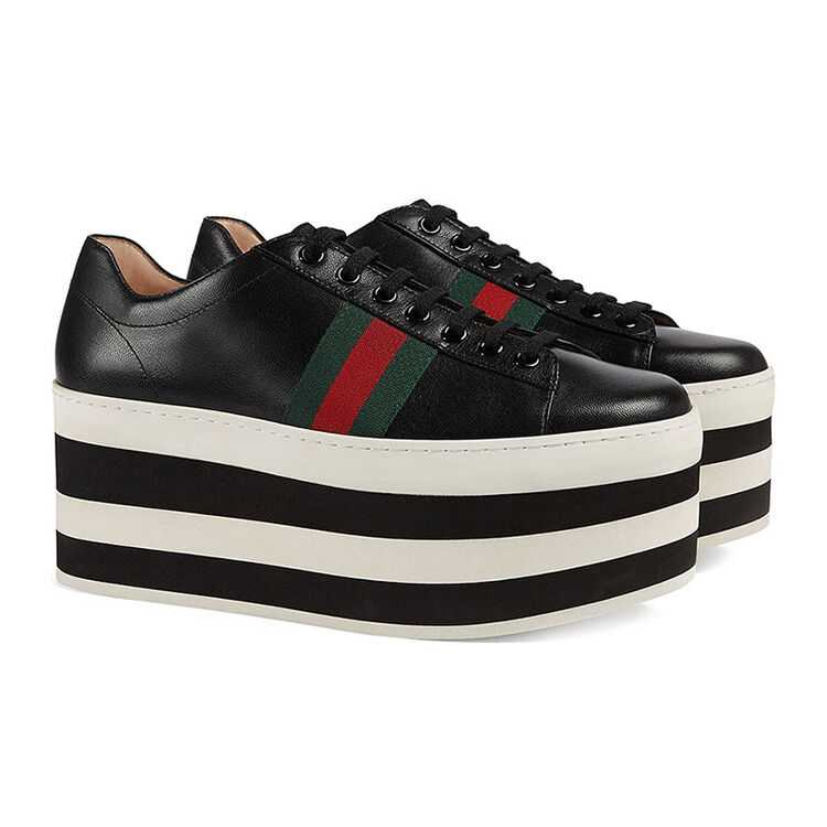 gucci古驰女鞋 黑色牛皮厚底系带增高鞋 时尚松糕鞋 黑色 36.