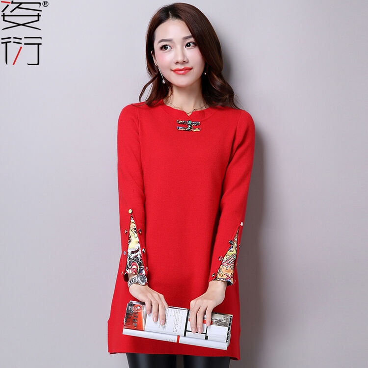 姿衍秋冬新款复古针织衫女套头中长款打底毛衣女冬气质拼接针织连衣裙