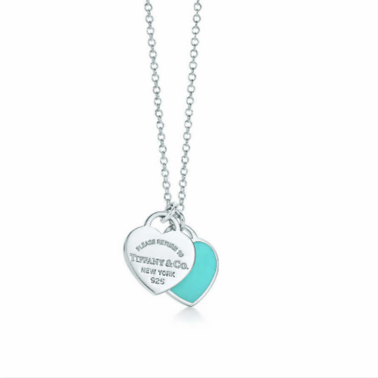 tiffany & co蒂凡尼蒂芙尼925银蓝色珐琅双心形珐琅项链 16英寸