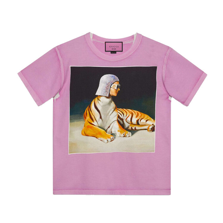 gucci古驰古奇女装上装上衣t恤 油画图案印花t恤 圆领纯棉短袖 粉色