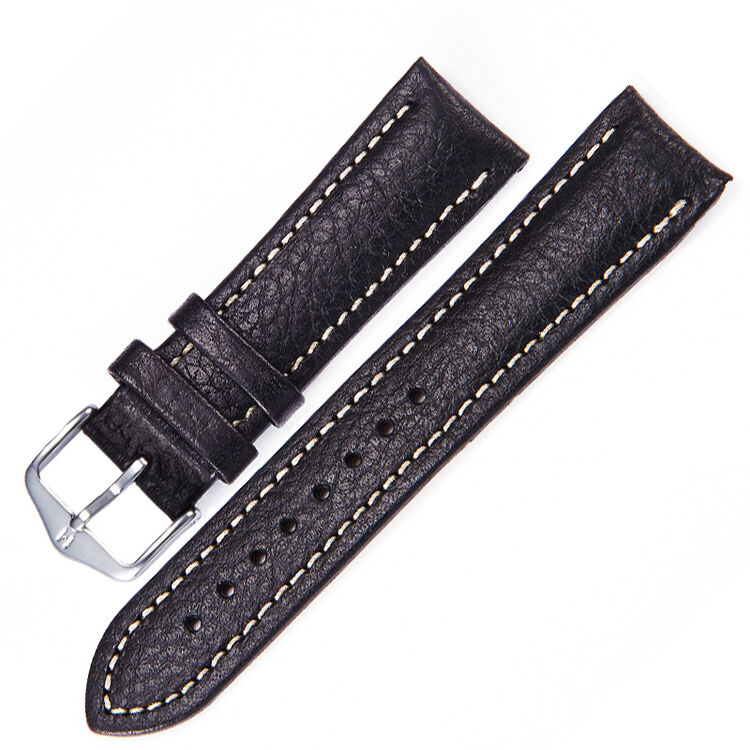 海奕施(hirsch)表带牛皮各品牌男女手表通用表带黑色白线钢色针扣18