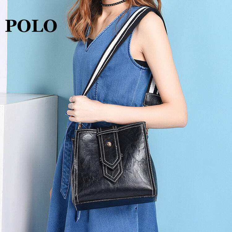 polo 女士单肩包大容量斜挎包简约复古女包340301 黑色