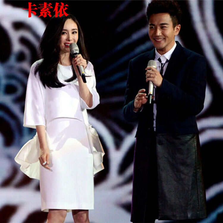 卡素依2016夏季时尚修身新款赵薇杨幂明星同款荷叶边白色连衣裙 白色