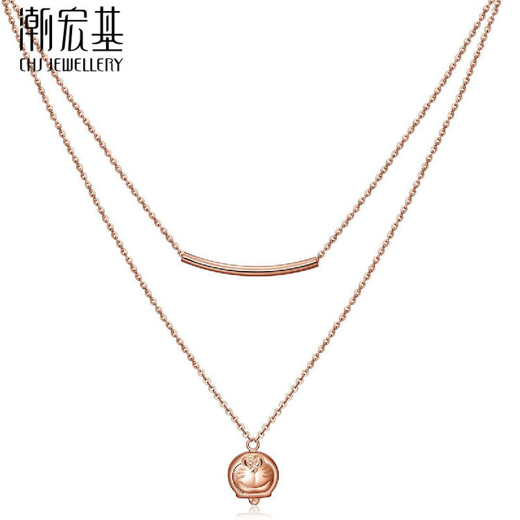 潮宏基 哆啦a梦-笑脸 18k金吊坠项链彩金双层锁骨链女-定价 红色 红色