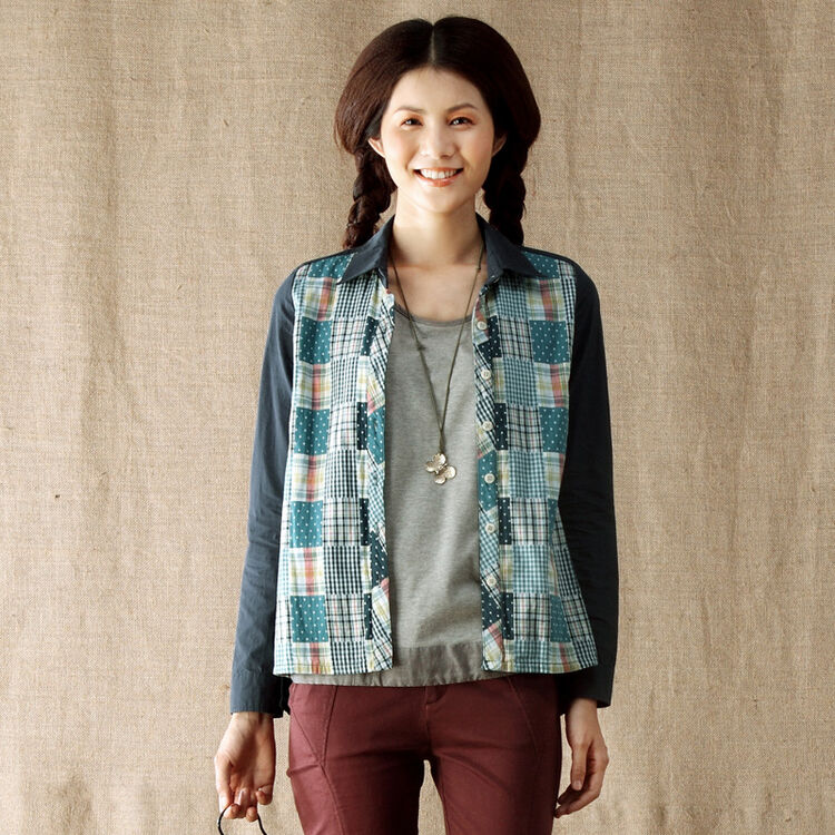 茵曼 女装纯棉文艺衬衣棉质女长袖衬衫上衣【8330110454】 蓝色 l