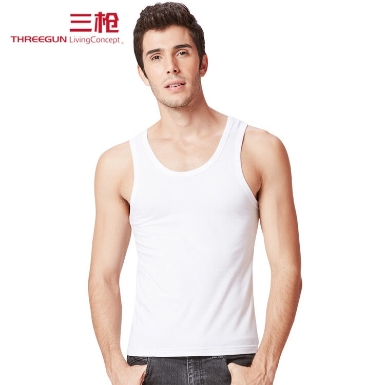 三枪背心 男士莱卡圆领宽肩精梳棉爽滑汗衫弹力跨栏内衣打底背心 白色