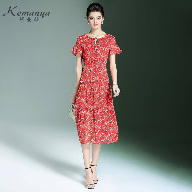 珂曼雅kemanya 2018年新品 时尚圆领优雅精致收腰小碎花连衣裙 红色