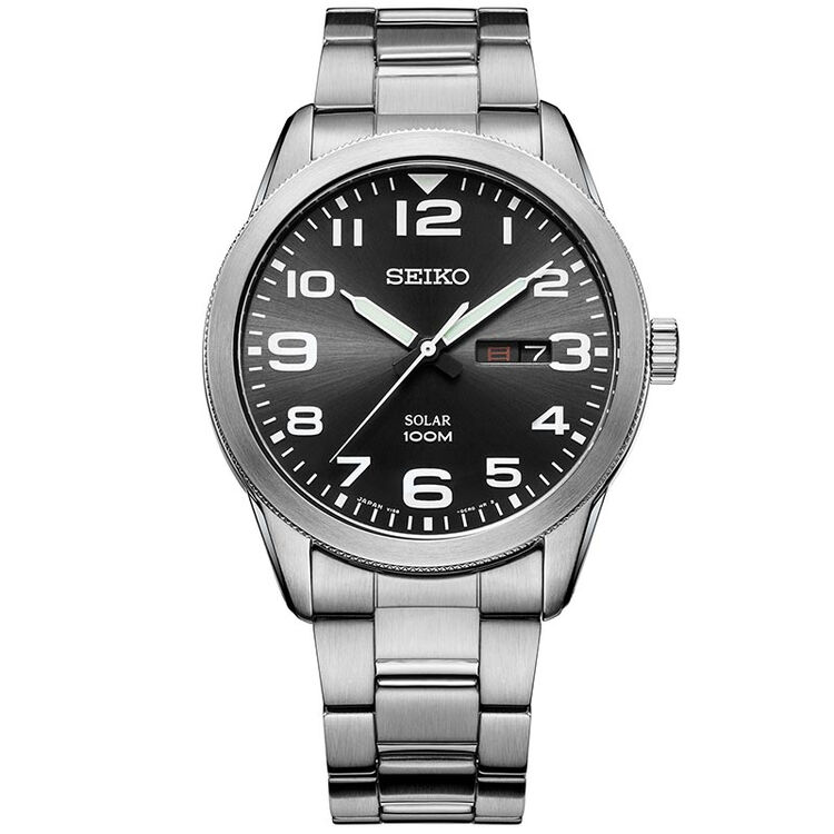 精工(seiko)男表 太阳能夜光黑盘钢带夜光防水光能手表sne471j1