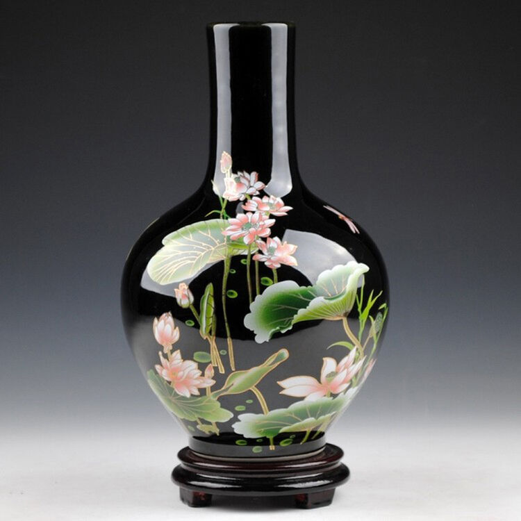 景德镇陶瓷器 乌金釉花瓶 粉彩荷花天球 现代时尚客厅工艺品摆件 赠送