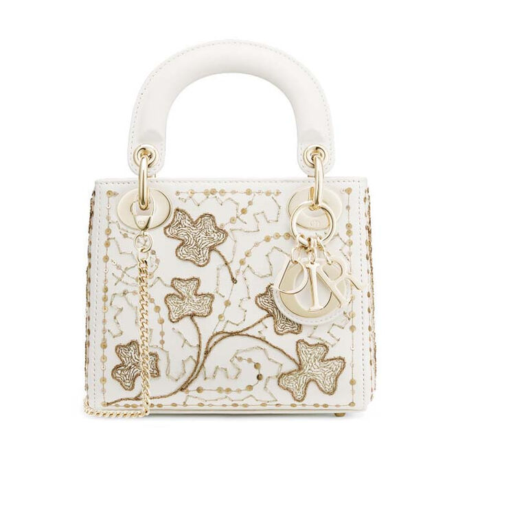 迪奥dior女士手提包三叶草刺绣光滑小牛皮袖珍17*15*7cm 原色