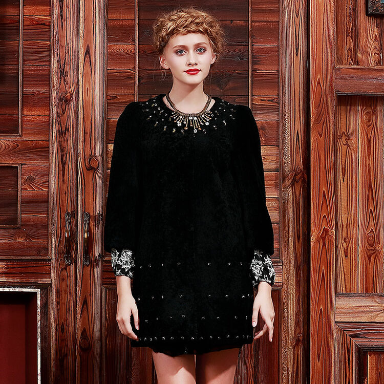 辛格维拉 羊剪毛大衣女士羊毛外套圆领七分袖 海宁皮草2015冬装新款