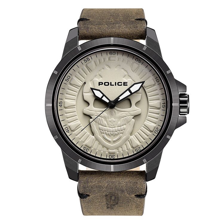police手表 电影 终结者>合作款意大利复古男表休闲夜光皮带骷髅头