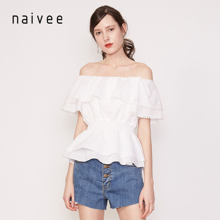naivee/纳薇2018夏季新款白色露肩一字领x型收腰性感小上衣女修身显瘦