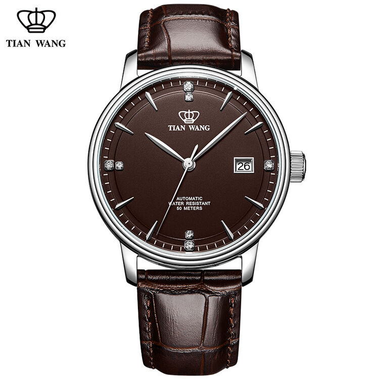 天王表(tian wang)手表 商务休闲男士机械表 钟表 咖盘棕皮带男