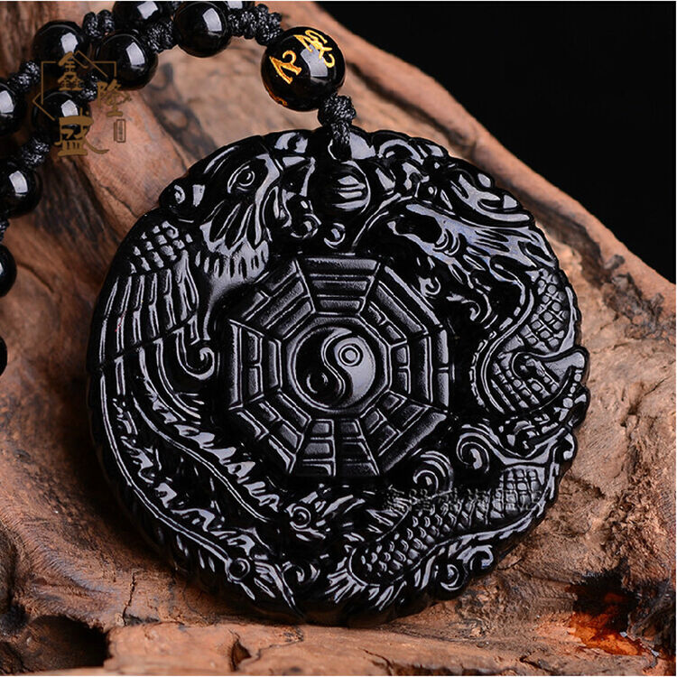 鑫隆盛 黑曜石吊坠龙凤八卦轮吊牌男女款