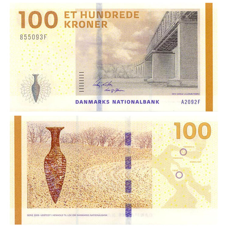 甲源文化欧洲全新unc丹麦克朗纸币200920年丹麦桥主题外国钱币收藏仅