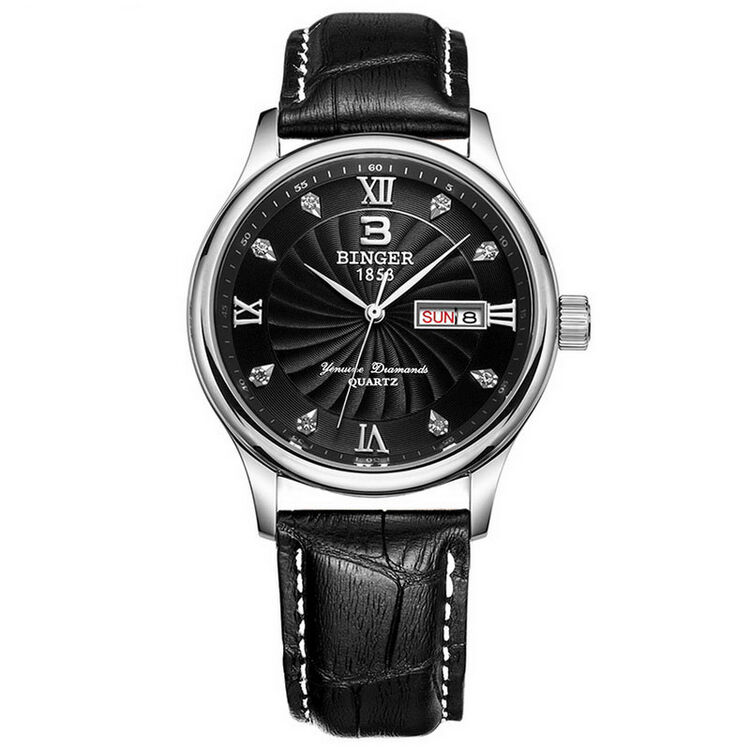 宾格(binger)男表 休闲时尚石英表 男士手表 幸运轮双日历商务腕表 0