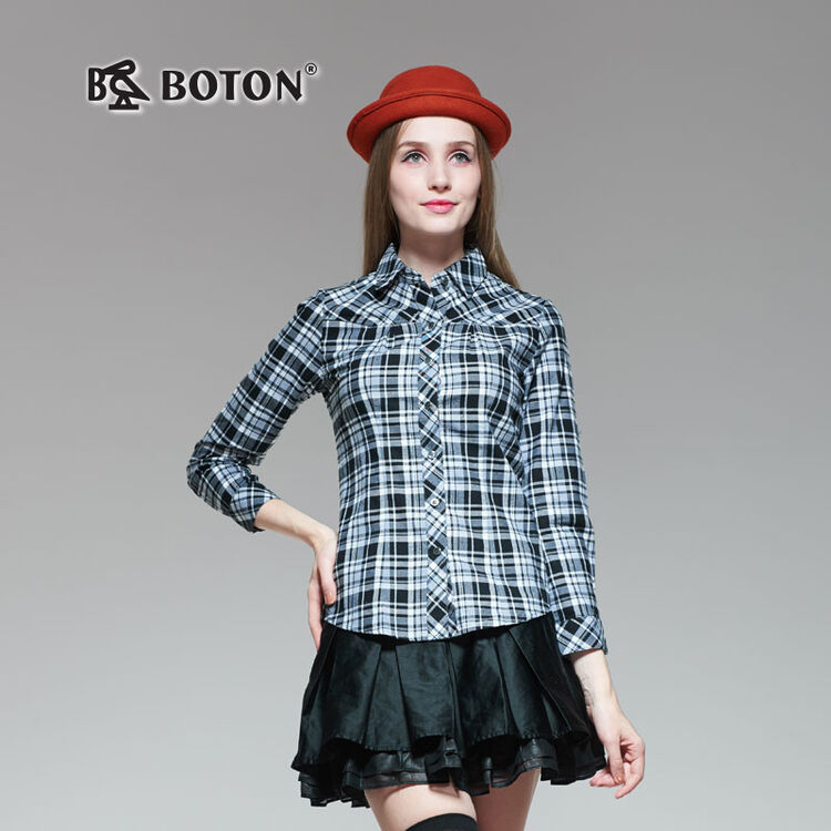 boton波顿女装格子衬衫 女中青年棉质时尚休闲长袖衬衣 ls573314 黑白