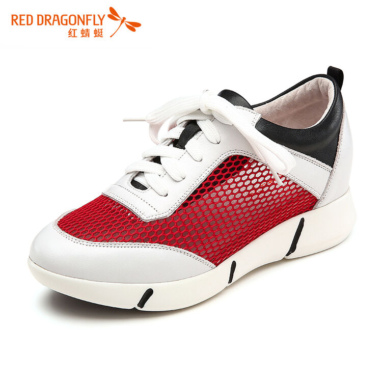 红蜻蜓 牛皮运动休闲系带平底网布女鞋女单鞋 wtb62831/32/33 白色 35