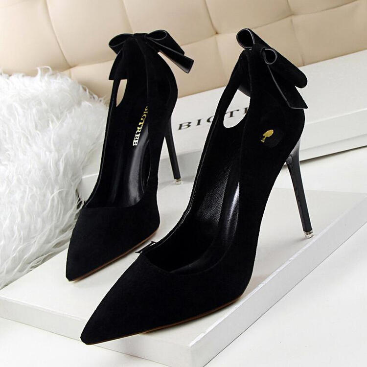 韩版甜美女高跟鞋细跟显瘦高跟凉鞋女浅口尖头镂空蝴蝶结单鞋女 黑色