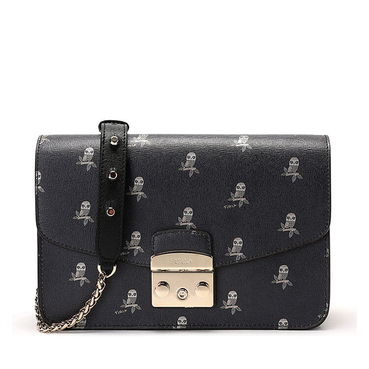 furla芙拉女包纯皮手拎斜挎单肩 黑色猫头鹰纹样 920390