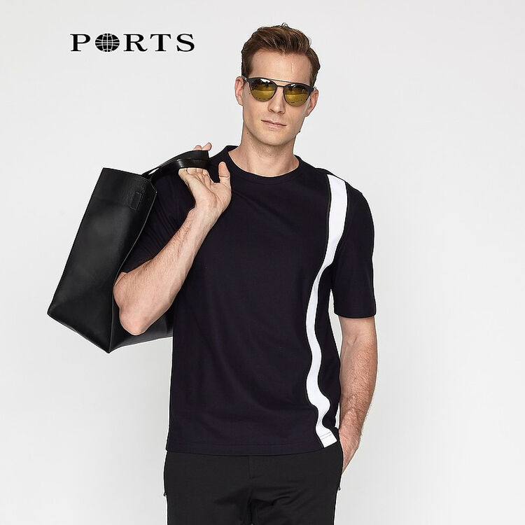 ports宝姿男装t桖2018春季新品男上衣黑白撞色棉质休闲短袖t恤男衣服