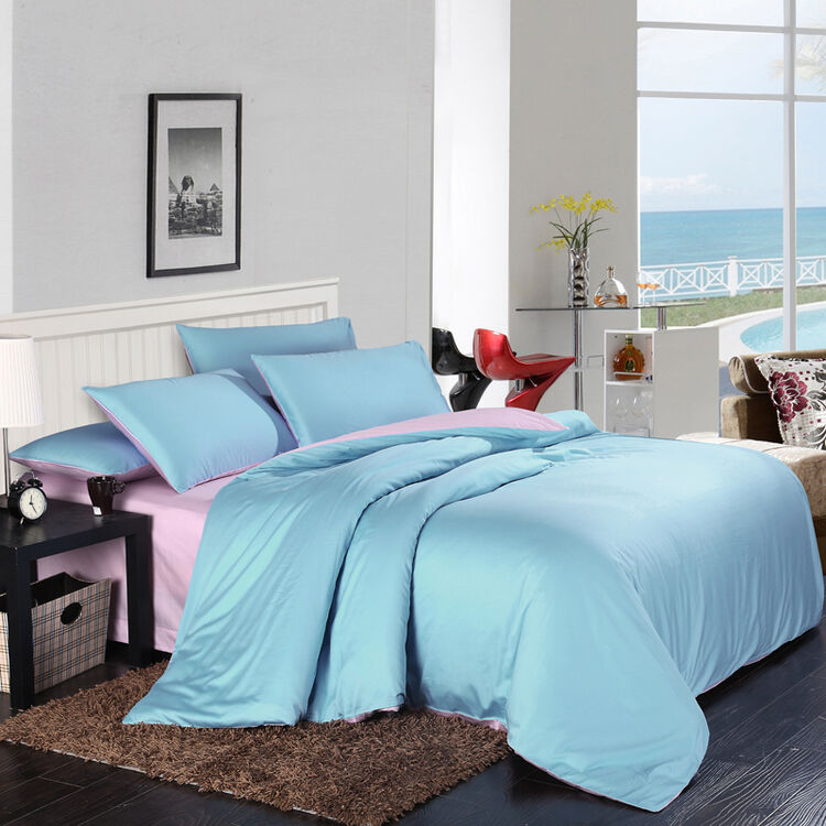 四件套贡缎纯棉床笠款纯色欧式被套被罩床单家纺套件 淡蓝 淡紫 1