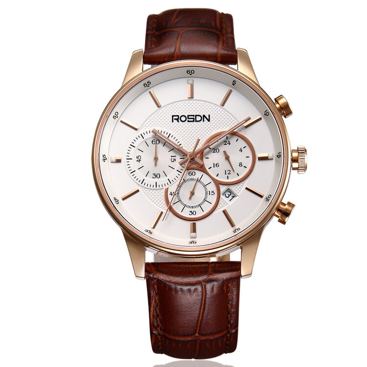 劳士顿(rosdn)手表 休闲大表盘石英钟表男士手表白玫 g3181l-mrw