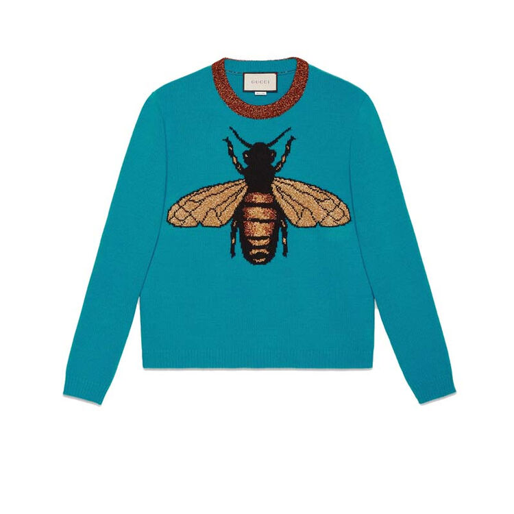 gucci古奇女装针织衫圆领长袖蜜蜂图案嵌花金银色滚边羊毛材质 s