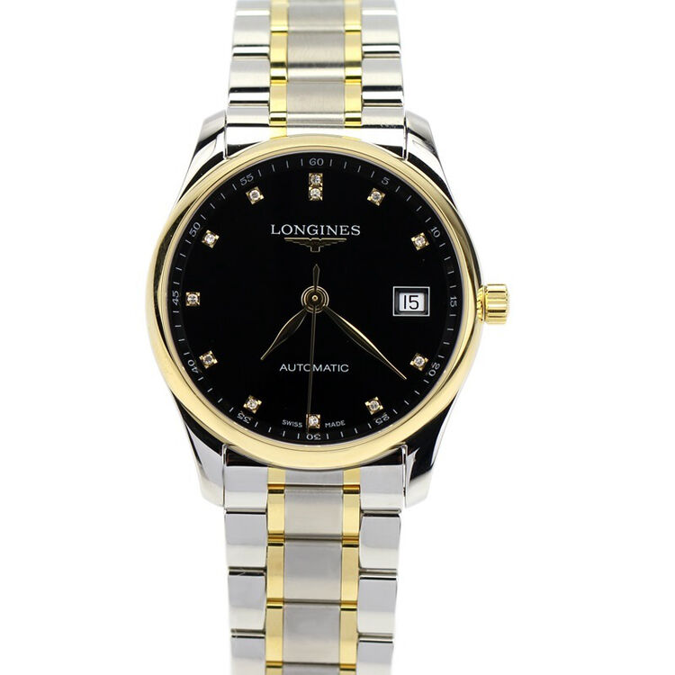 浪琴longines名匠系列黑盘镶钻日历型间18k金表链机械男表l2.518.5.