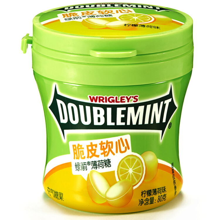 绿箭(DOUBLEMINT)薄荷糖脆皮软心糖柠檬薄荷味80g/瓶糖果零食儿童零食 光明服务菜管家商品 