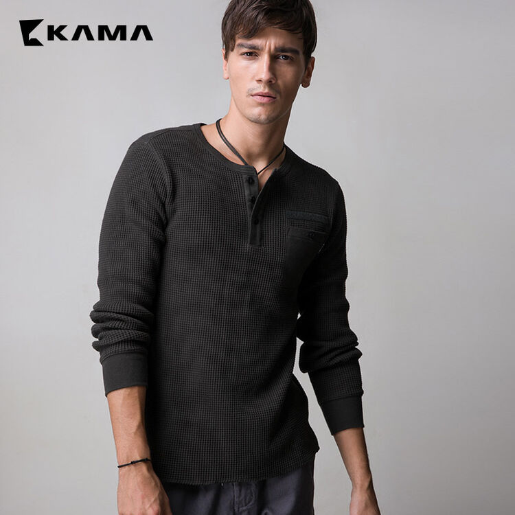卡玛kama 冬季新款男装长袖t恤纯色简约休闲圆领男士针织休闲衫