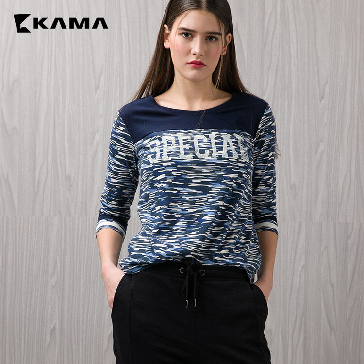 卡玛kama 春季七分袖字母针织衫休闲圆领套头女装7116553 蓝色 s