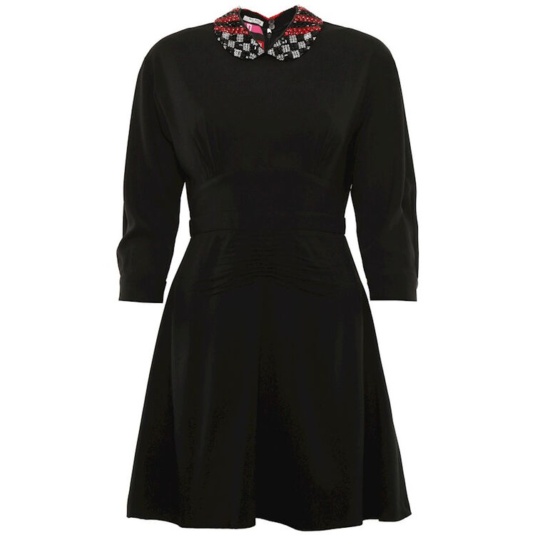 miumiu/缪缪女士黑色褶皱工艺重工珠钉刺绣衣领束腰连衣裙 黑色 40