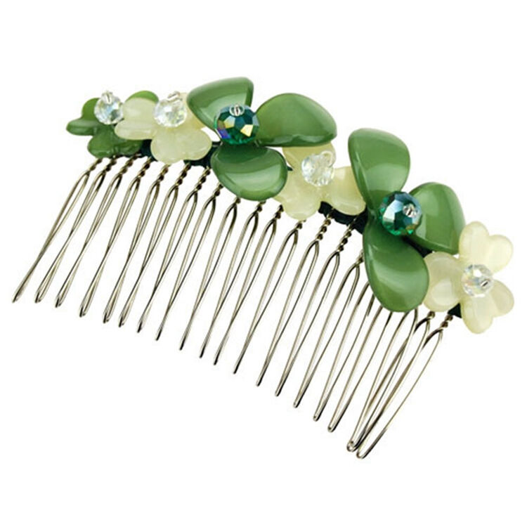 坤源隆发饰饰品 头饰纯朴田园亚克力小花彩珠插梳发梳 绿色