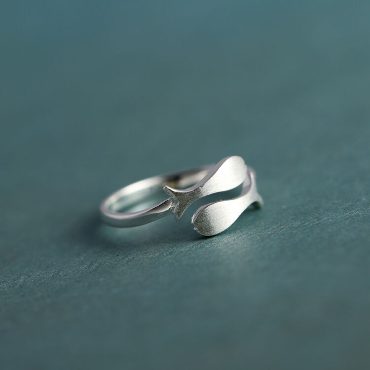 祥空925银情侣戒指拉丝双鱼开口戒指